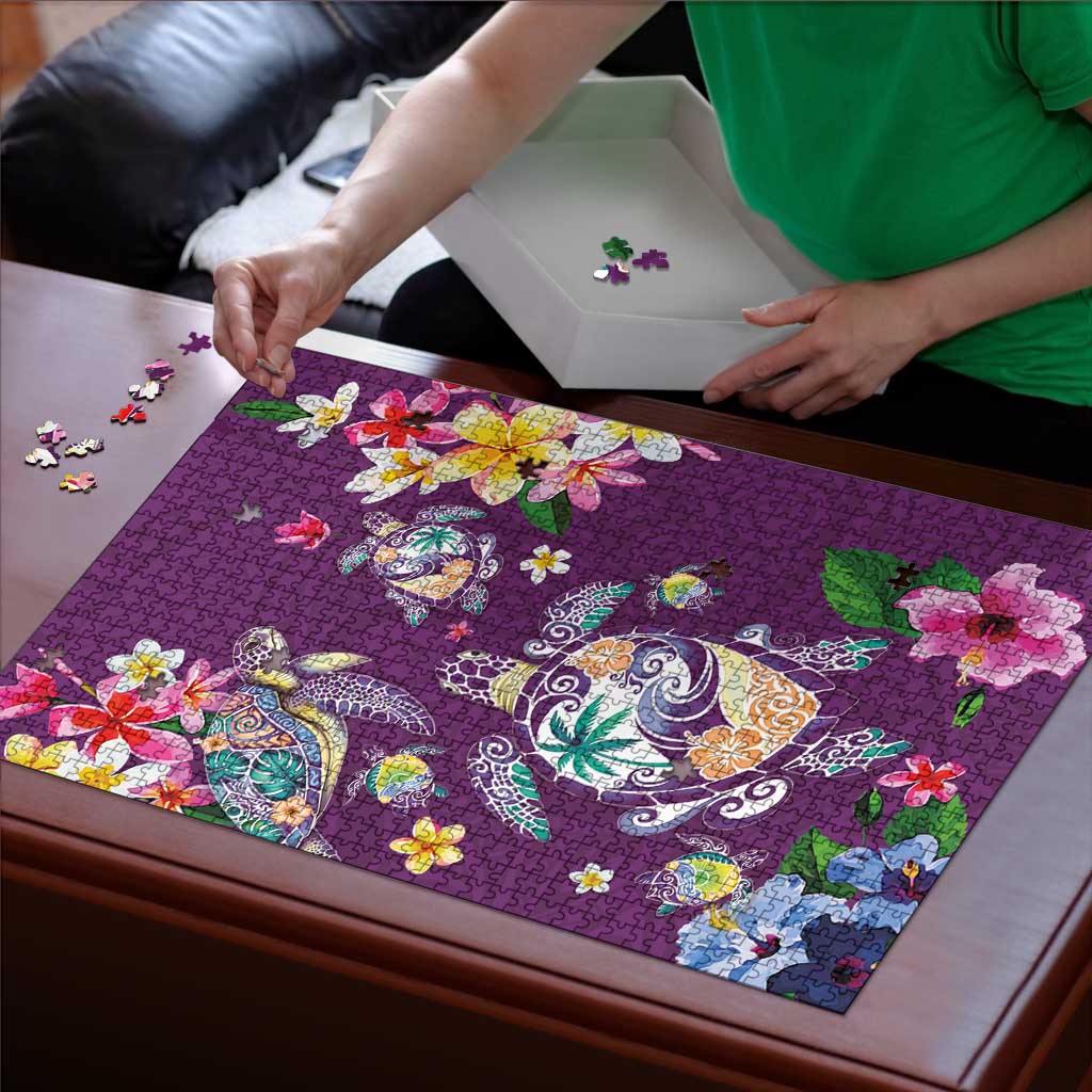 Hawaiian Turtles and Tropical Plants Puzzle Purple Watercolor LT03 - Polynesian Pride