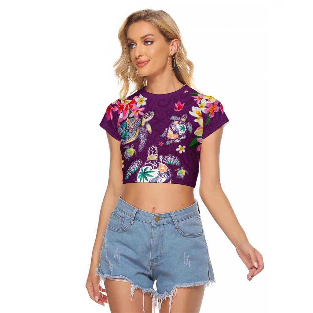 Hawaiian Turtles and Tropical Plants Raglan Cropped T Shirt Purple Watercolor LT03 Female Purple - Polynesian Pride