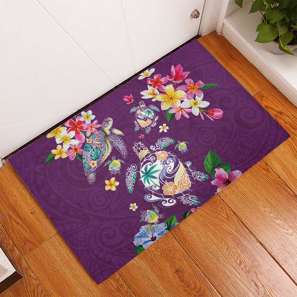 Hawaiian Turtles and Tropical Plants Rubber Doormat Purple Watercolor LT03 - Polynesian Pride