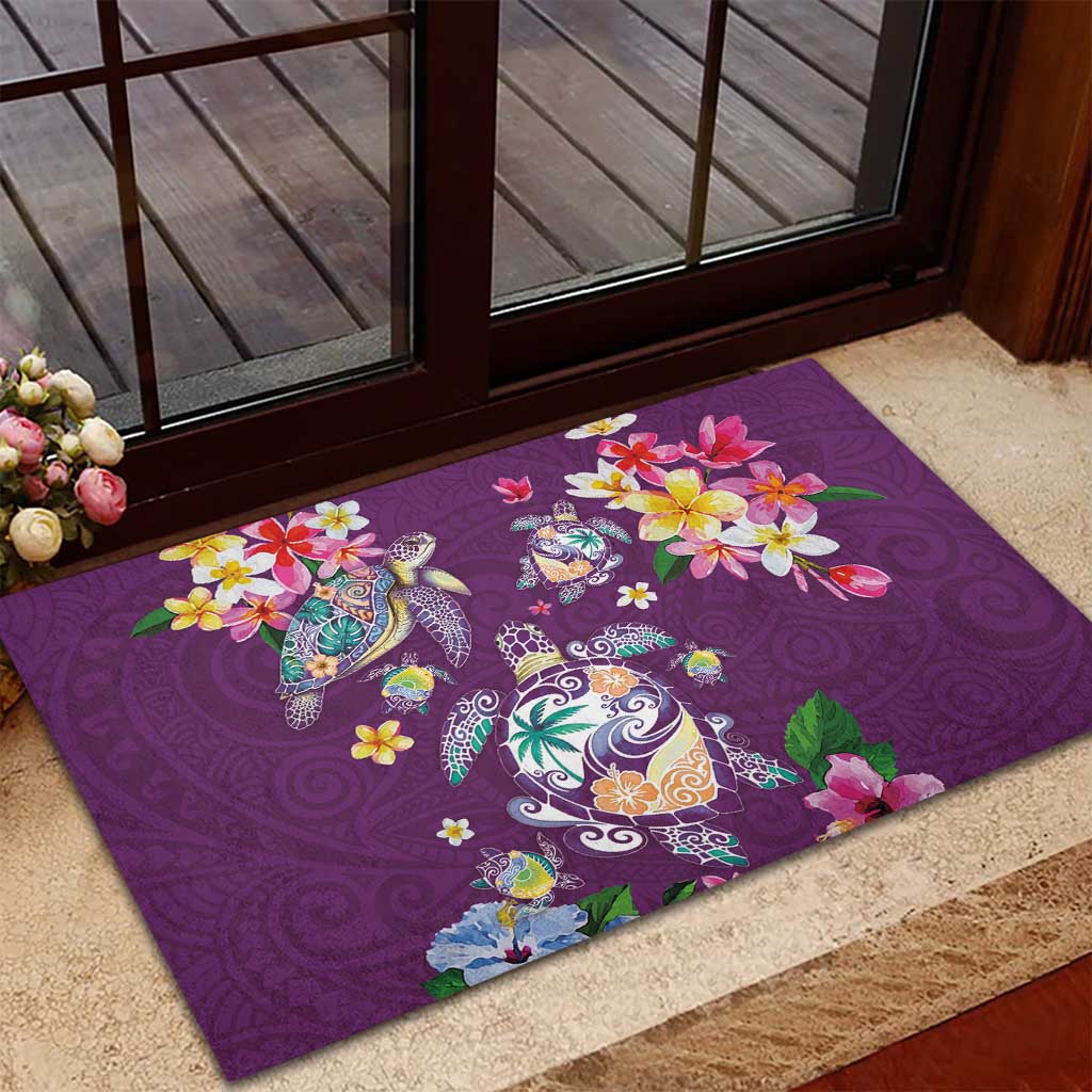 Hawaiian Turtles and Tropical Plants Rubber Doormat Purple Watercolor LT03 - Polynesian Pride