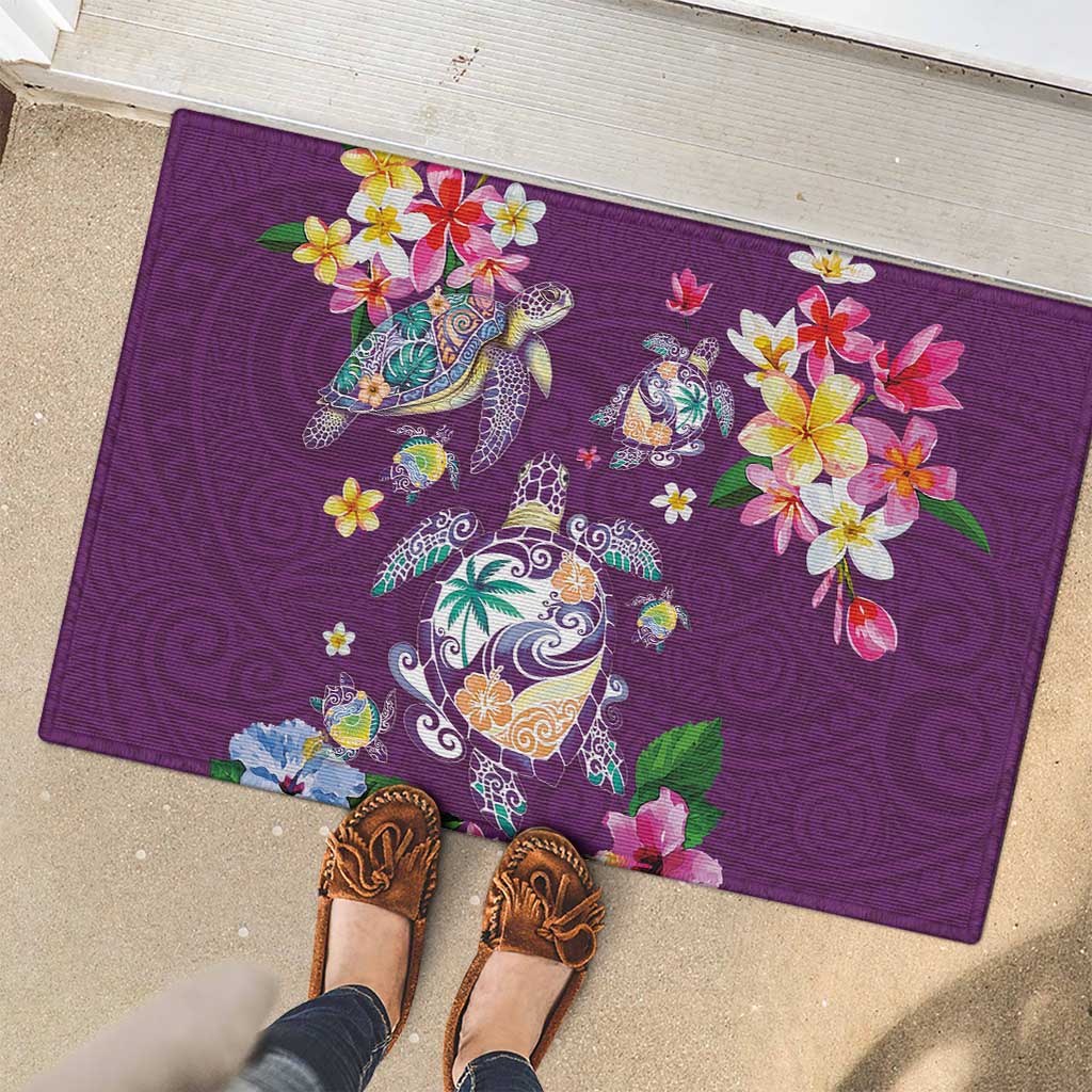 Hawaiian Turtles and Tropical Plants Rubber Doormat Purple Watercolor LT03 - Polynesian Pride