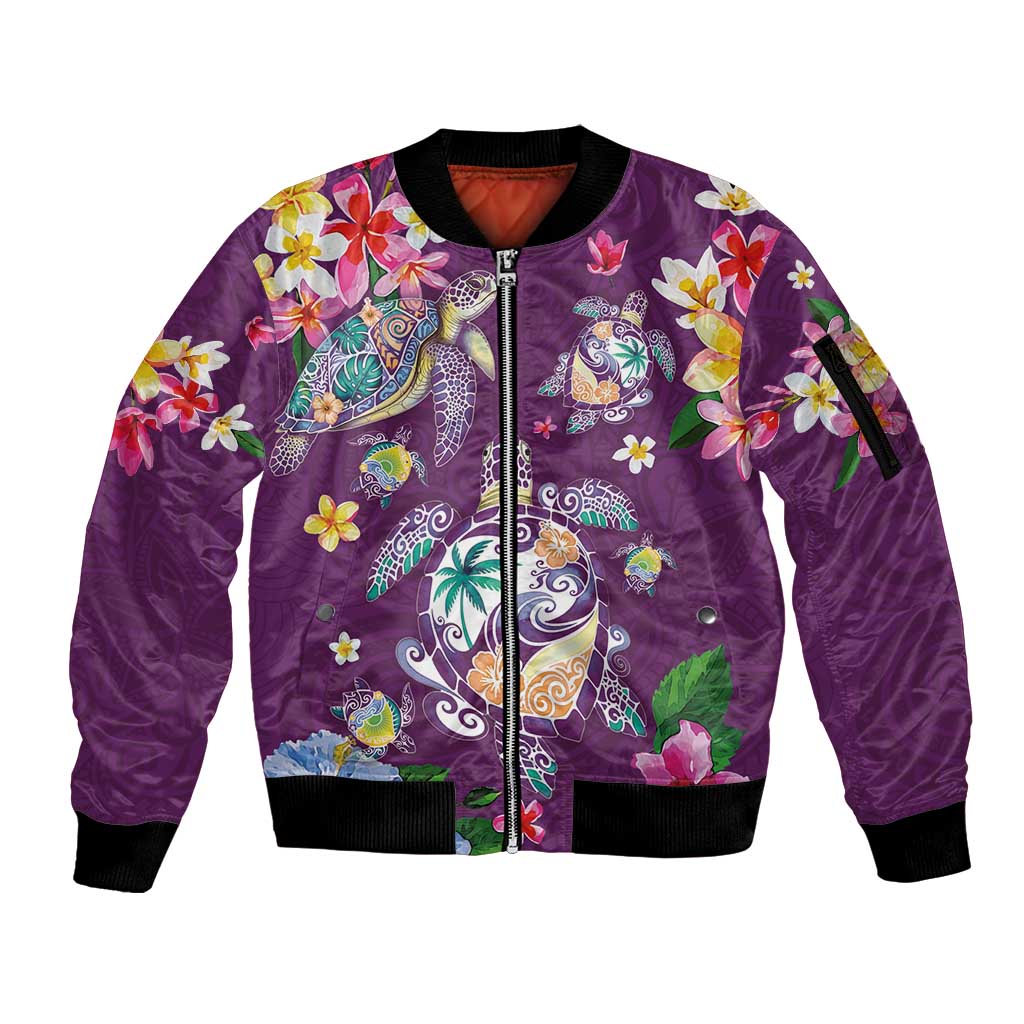 Hawaiian Turtles and Tropical Plants Sleeve Zip Bomber Jacket Purple Watercolor LT03 Unisex Purple - Polynesian Pride