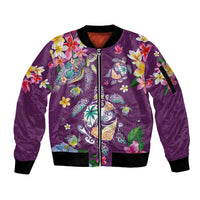 Hawaiian Turtles and Tropical Plants Sleeve Zip Bomber Jacket Purple Watercolor LT03 Unisex Purple - Polynesian Pride