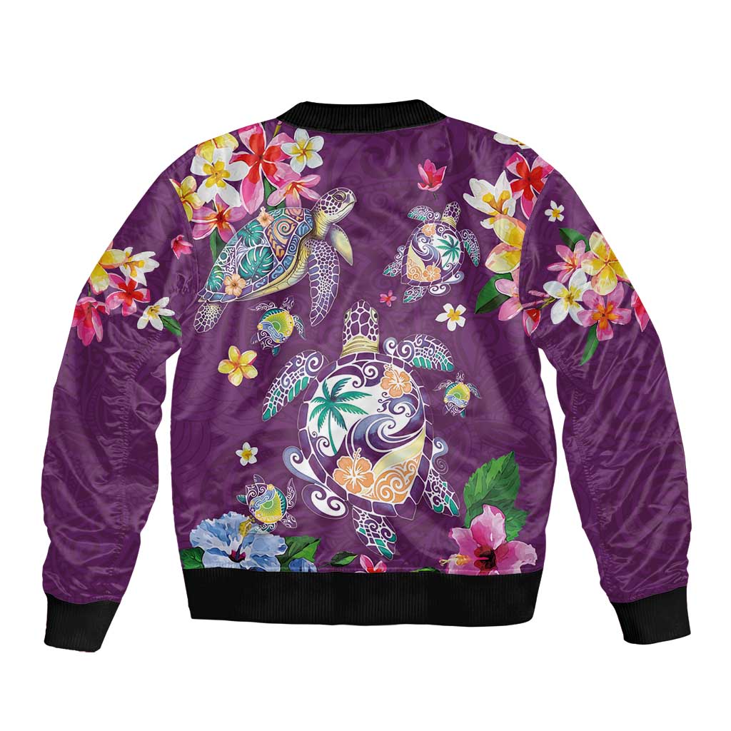 Hawaiian Turtles and Tropical Plants Sleeve Zip Bomber Jacket Purple Watercolor LT03 - Polynesian Pride