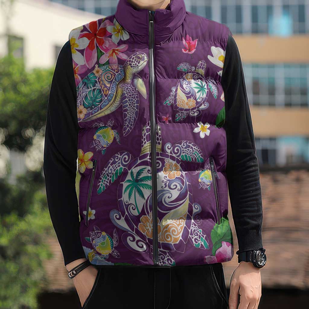 Hawaiian Turtles and Tropical Plants Sleeveless Puffer Jacket Purple Watercolor LT03 - Polynesian Pride