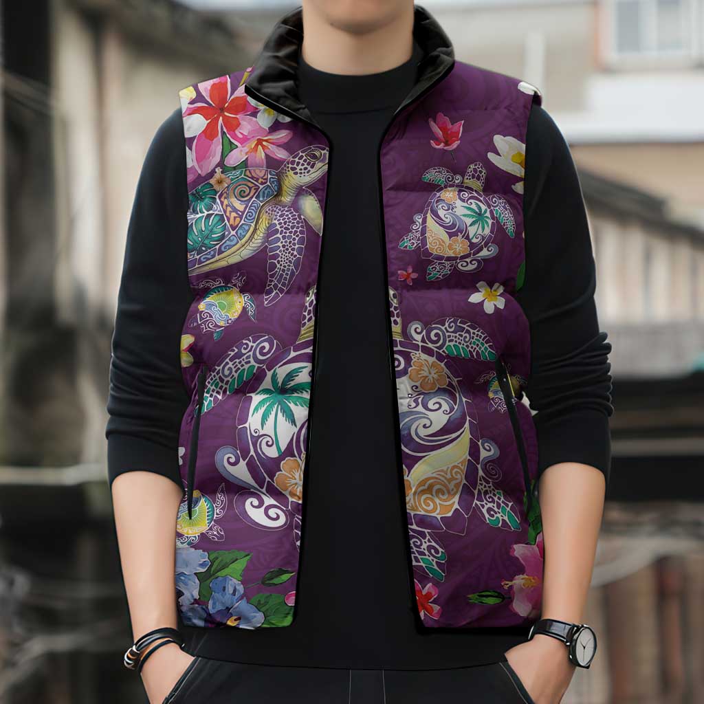 Hawaiian Turtles and Tropical Plants Sleeveless Puffer Jacket Purple Watercolor LT03 - Polynesian Pride