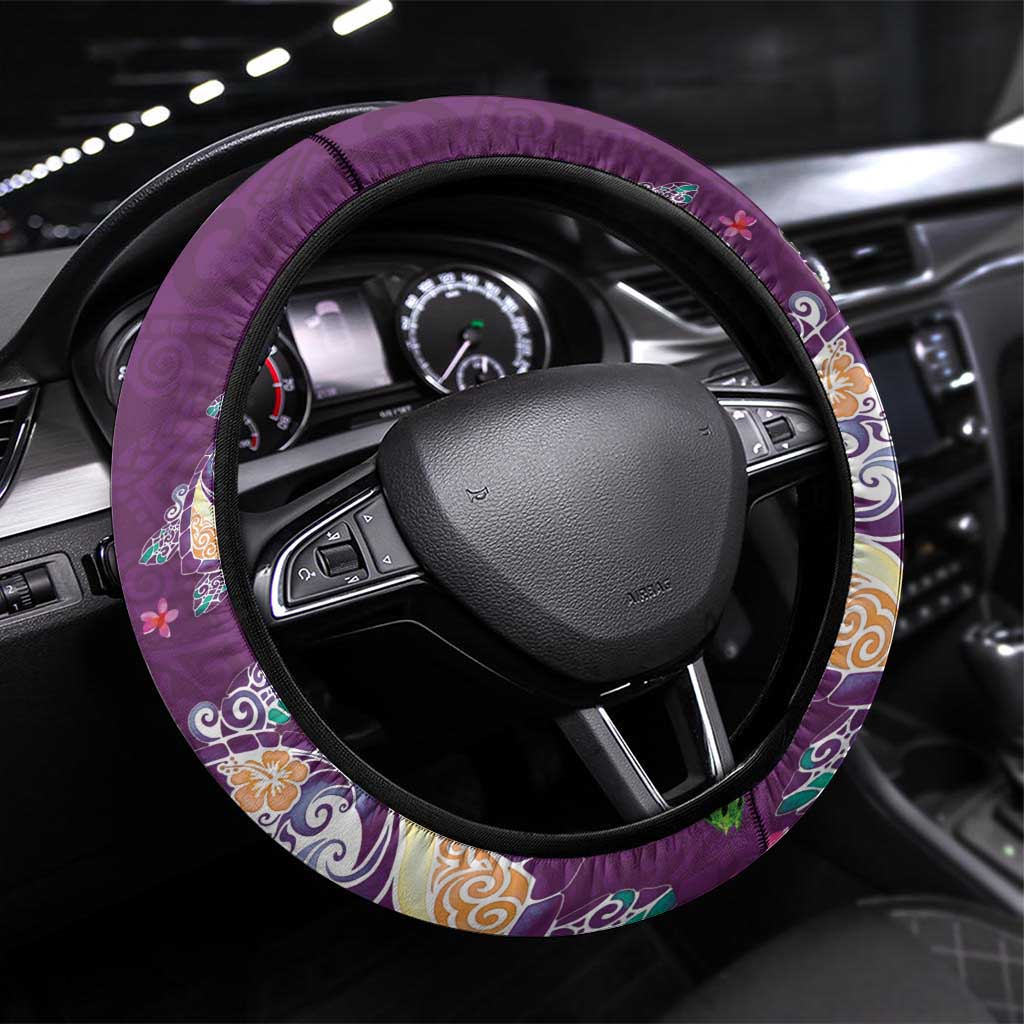 Hawaiian Turtles and Tropical Plants Steering Wheel Cover Purple Watercolor LT03 Universal Fit Purple - Polynesian Pride