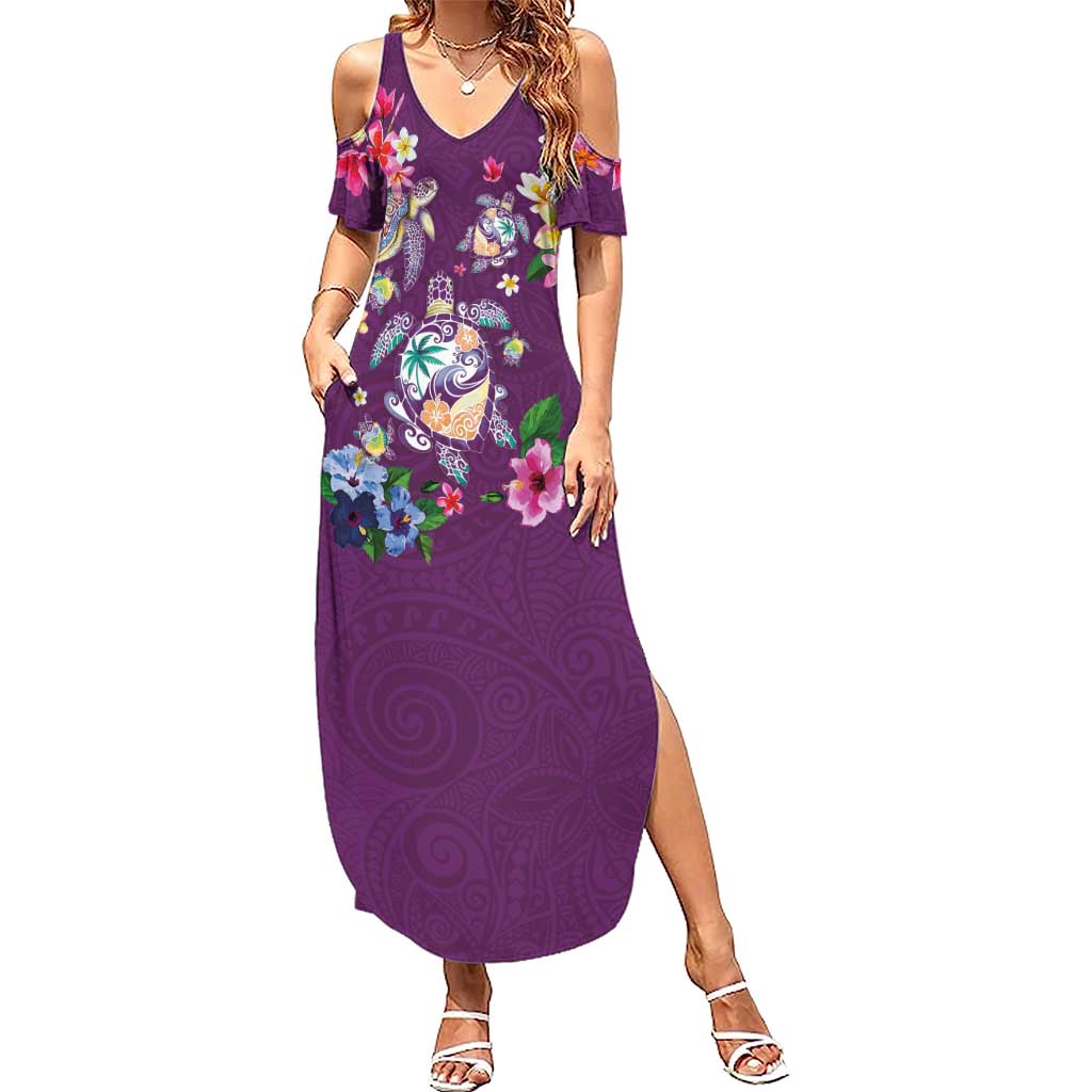 Hawaiian Turtles and Tropical Plants Summer Maxi Dress Purple Watercolor LT03 Women Purple - Polynesian Pride