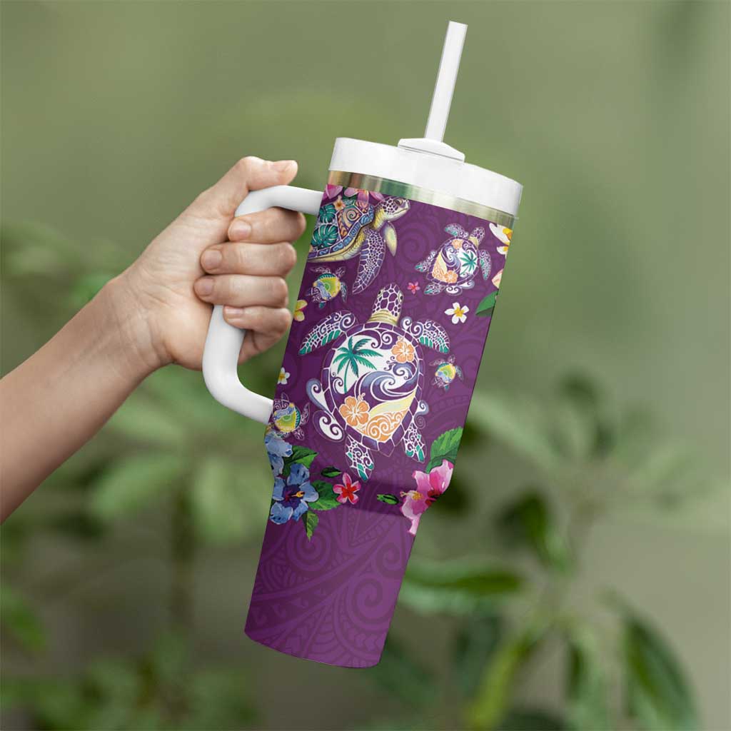 Hawaiian Turtles and Tropical Plants Tumbler With Handle Purple Watercolor