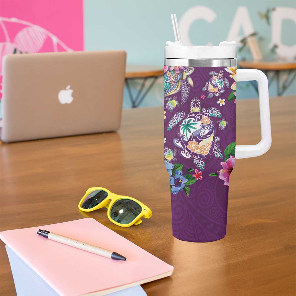 Hawaiian Turtles and Tropical Plants Tumbler With Handle Purple Watercolor
