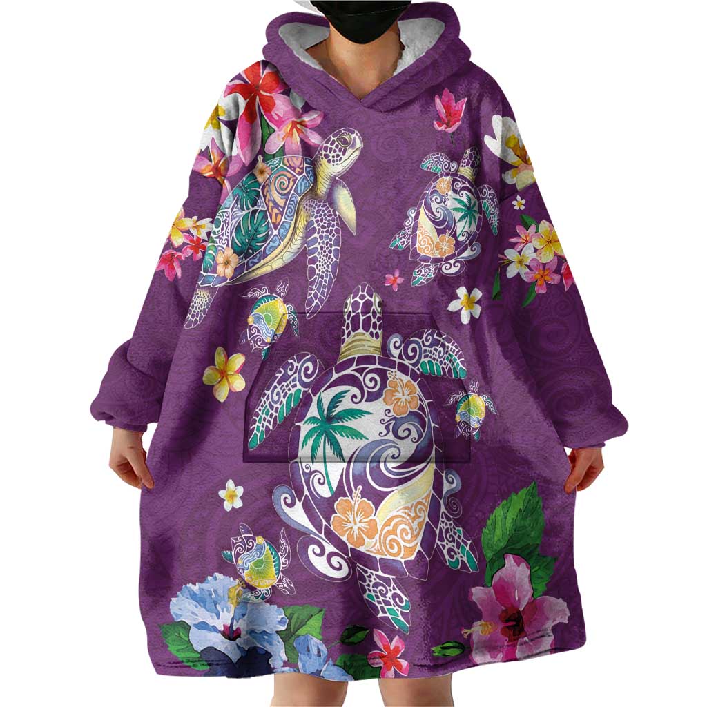 Hawaiian Turtles and Tropical Plants Wearable Blanket Hoodie Purple Watercolor