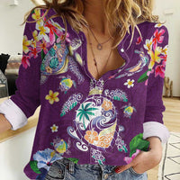 Hawaiian Turtles and Tropical Plants Women Casual Shirt Purple Watercolor