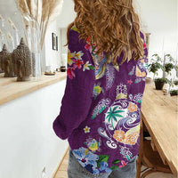 Hawaiian Turtles and Tropical Plants Women Casual Shirt Purple Watercolor