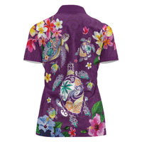 Hawaiian Turtles and Tropical Plants Women Polo Shirt Purple Watercolor