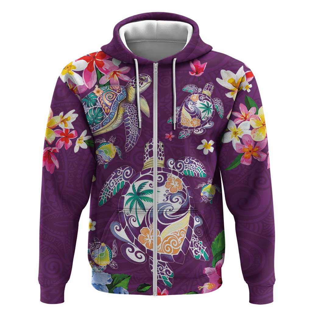 Hawaiian Turtles and Tropical Plants Zip Hoodie Purple Watercolor LT03 Zip Hoodie Purple - Polynesian Pride