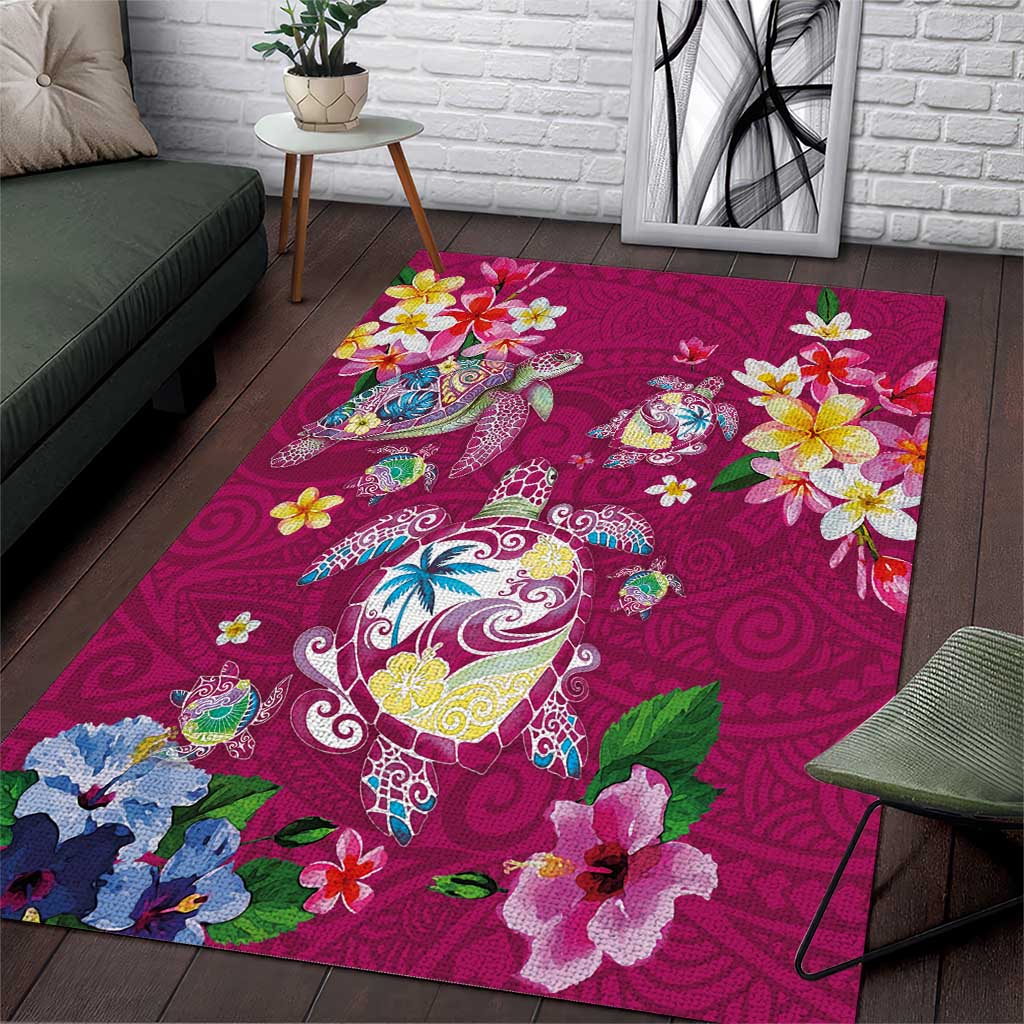 Hawaiian Turtles and Tropical Plants Area Rug Pink Watercolor
