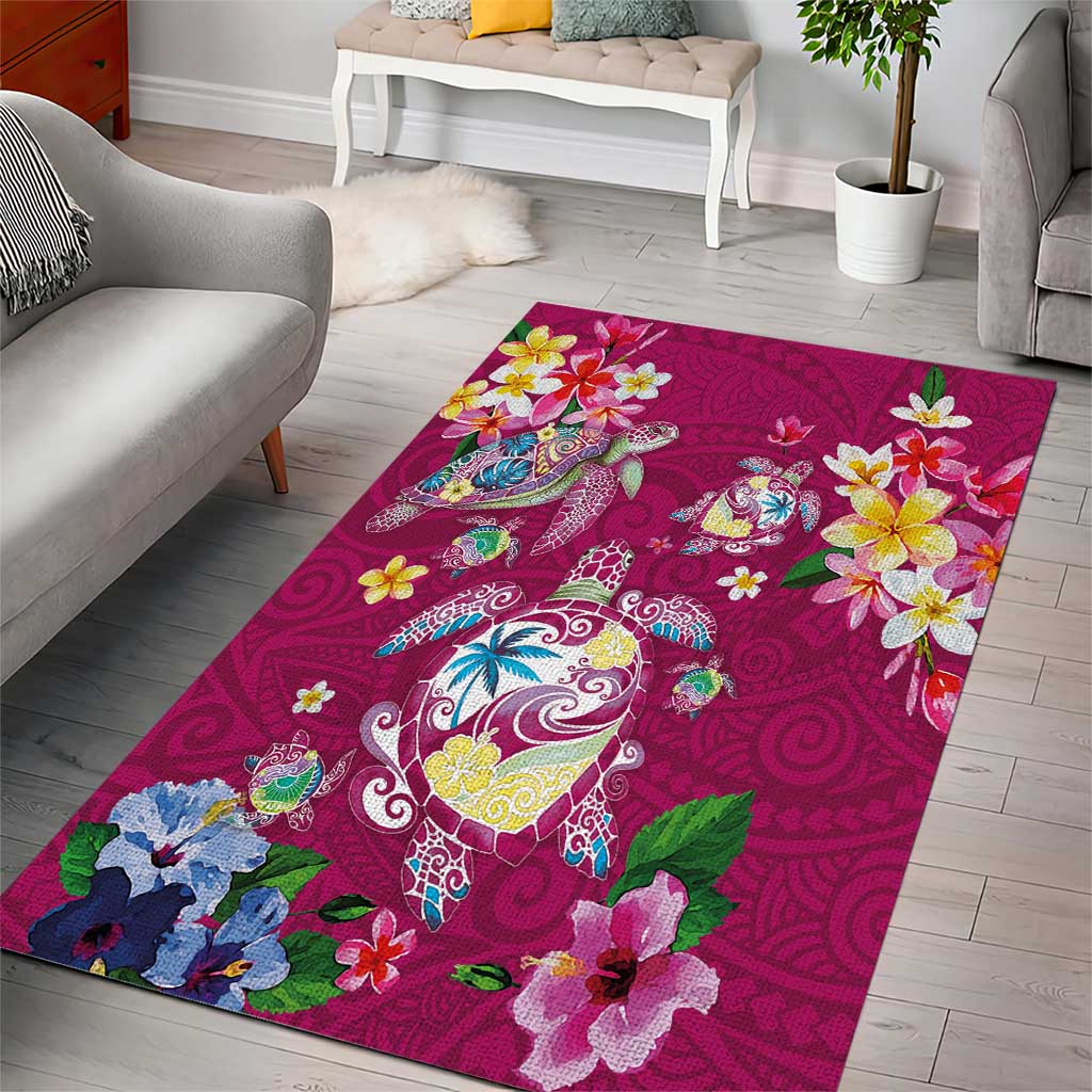 Hawaiian Turtles and Tropical Plants Area Rug Pink Watercolor
