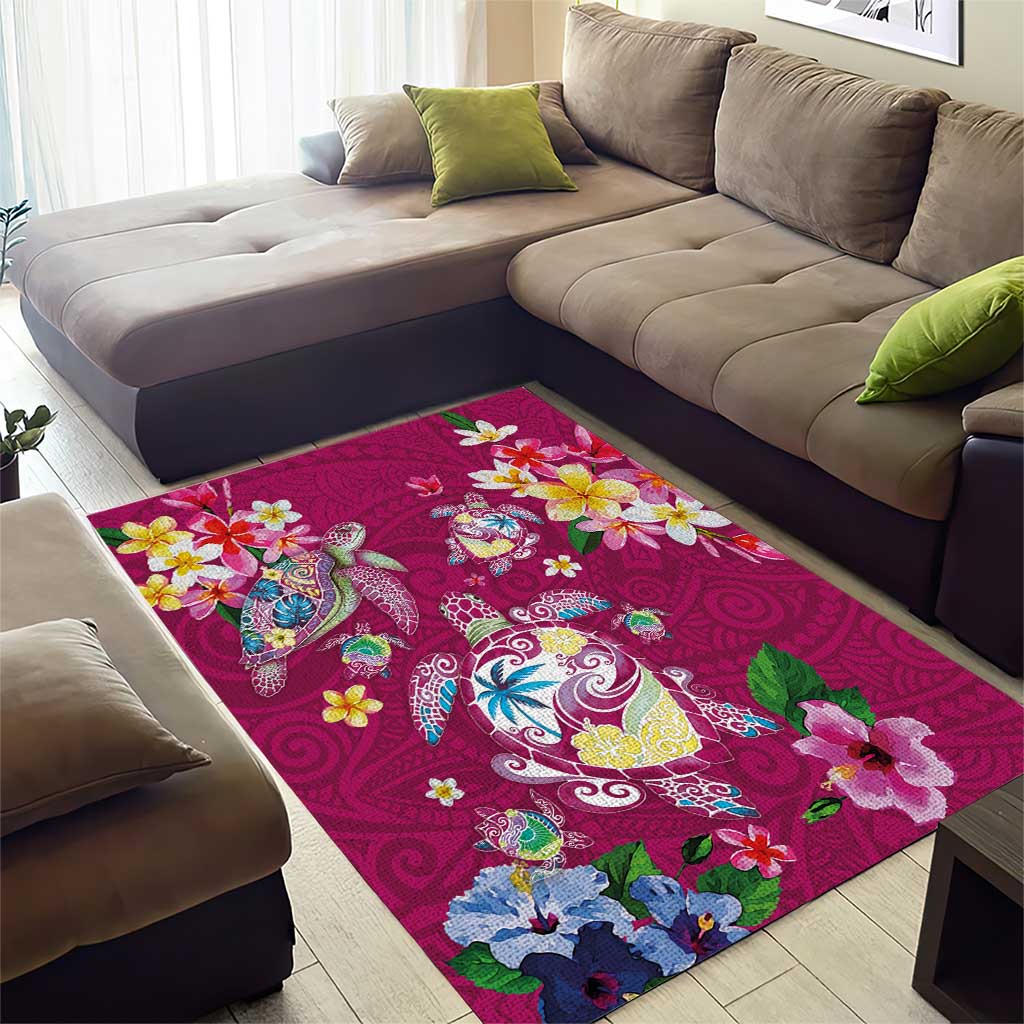 Hawaiian Turtles and Tropical Plants Area Rug Pink Watercolor