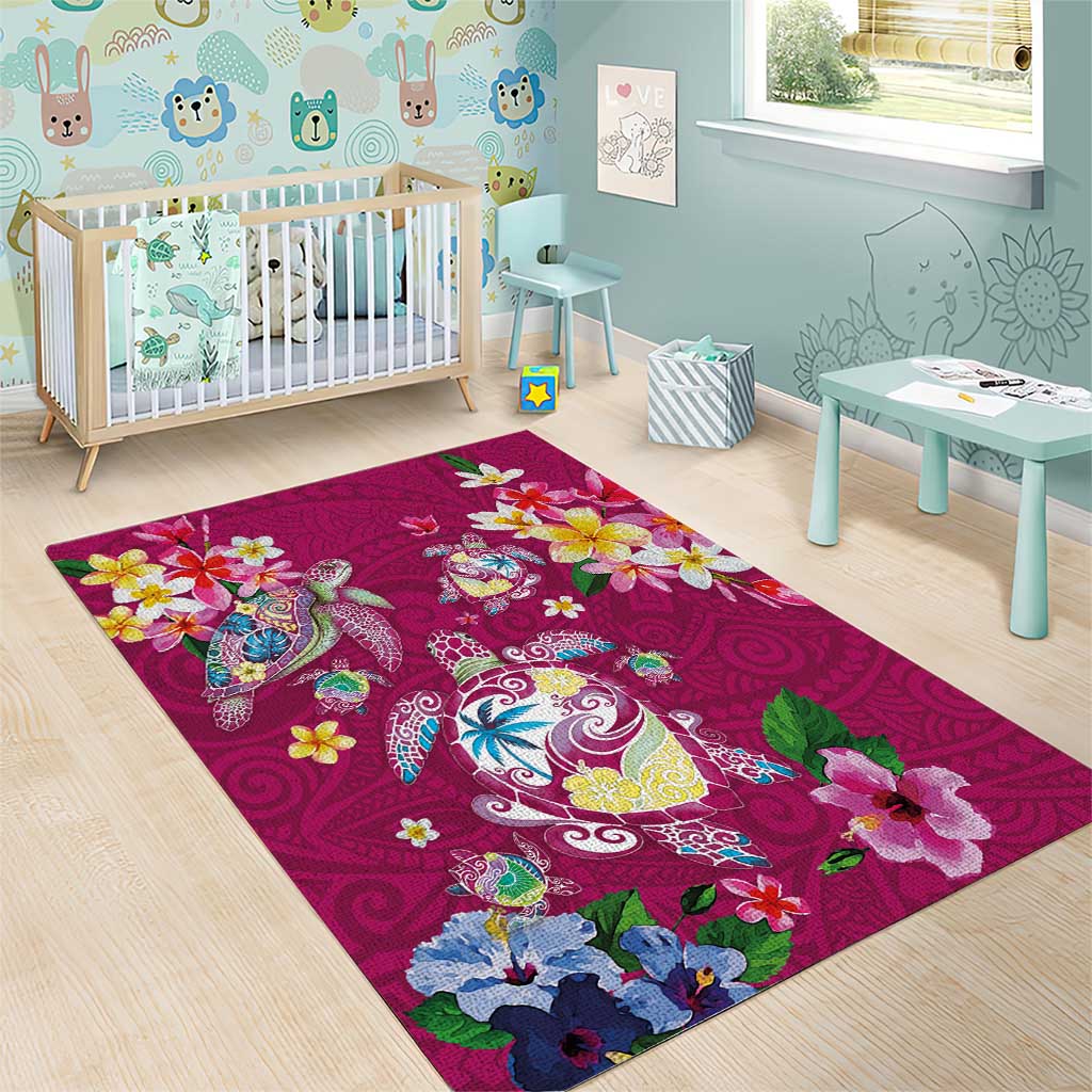 Hawaiian Turtles and Tropical Plants Area Rug Pink Watercolor