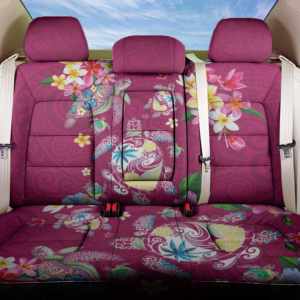 Hawaiian Turtles and Tropical Plants Back Car Seat Cover Pink Watercolor