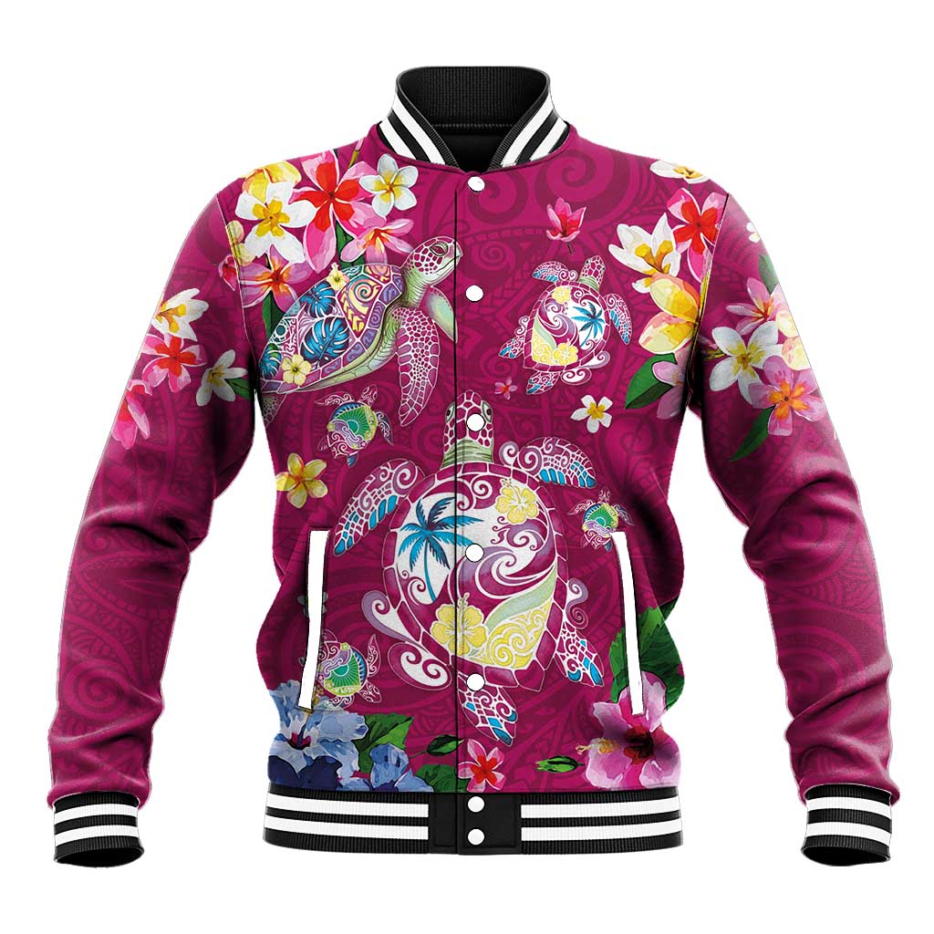 Hawaiian Turtles and Tropical Plants Baseball Jacket Pink Watercolor LT03 Unisex Pink - Polynesian Pride