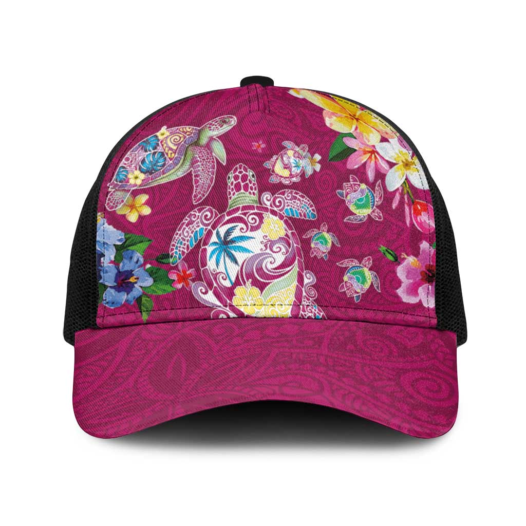 Hawaiian Turtles and Tropical Plants Baseball Net Cap Pink Watercolor LT03 One Size Black Pink - Polynesian Pride