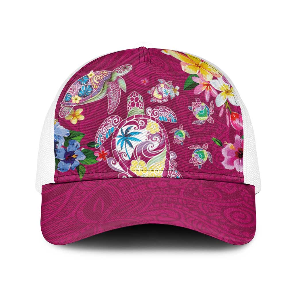 Hawaiian Turtles and Tropical Plants Baseball Net Cap Pink Watercolor LT03 One Size White Pink - Polynesian Pride