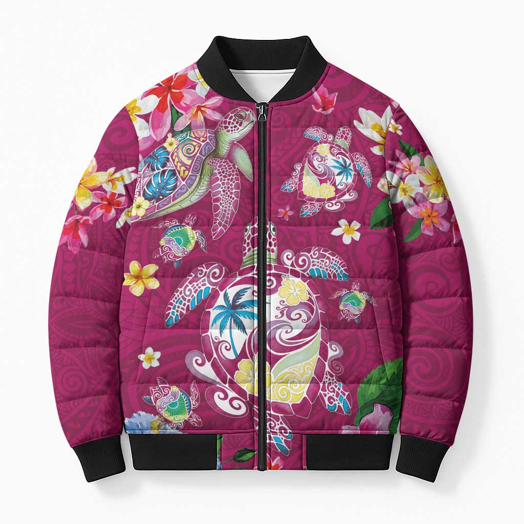 Hawaiian Turtles and Tropical Plants Bomber Puffer Jacket Pink Watercolor LT03 Unisex Pink - Polynesian Pride