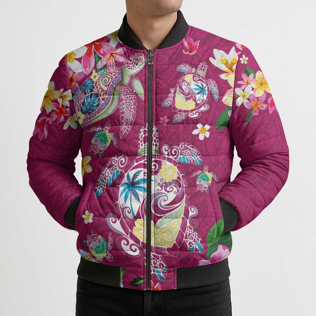 Hawaiian Turtles and Tropical Plants Bomber Puffer Jacket Pink Watercolor LT03 - Polynesian Pride