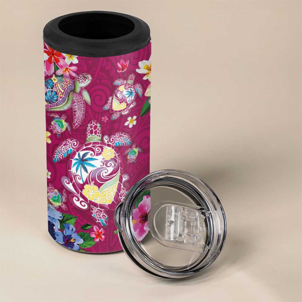 Hawaiian Turtles and Tropical Plants 4 in 1 Can Cooler Tumbler Pink Watercolor LT03 - Polynesian Pride