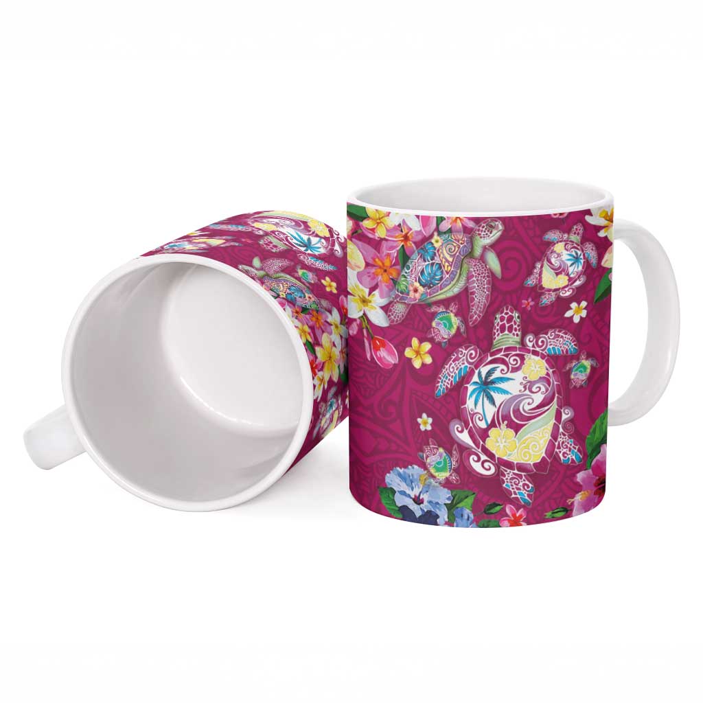 Hawaiian Turtles and Tropical Plants Ceramic Mug Pink Watercolor LT03 - Polynesian Pride