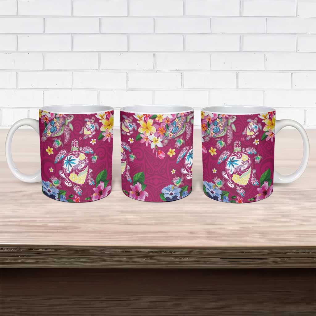Hawaiian Turtles and Tropical Plants Ceramic Mug Pink Watercolor LT03 - Polynesian Pride