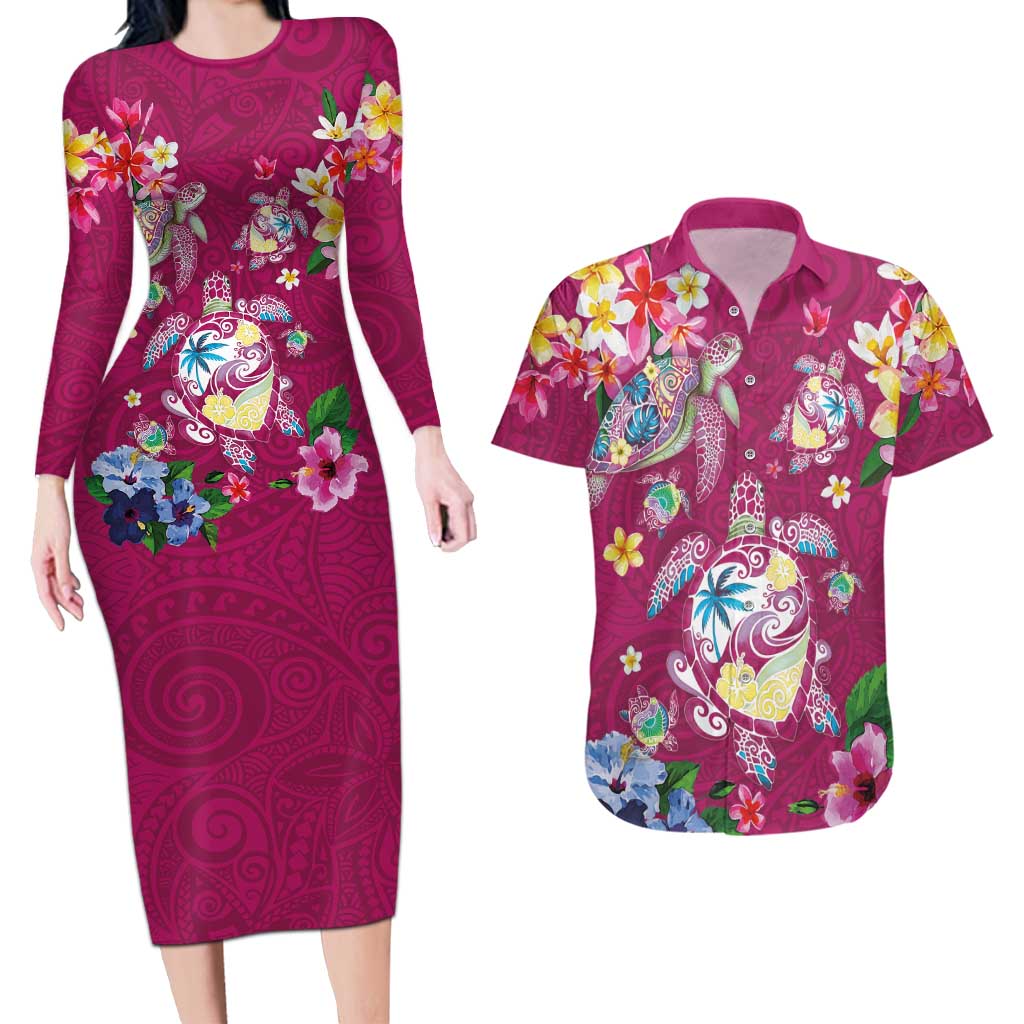 Hawaiian Turtles and Tropical Plants Couples Matching Long Sleeve Bodycon Dress and Hawaiian Shirt Pink Watercolor