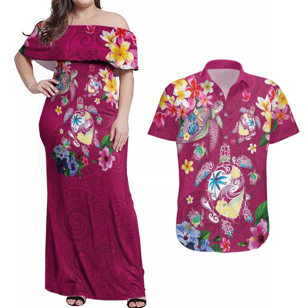 Hawaiian Turtles and Tropical Plants Couples Matching Off Shoulder Maxi Dress and Hawaiian Shirt Pink Watercolor
