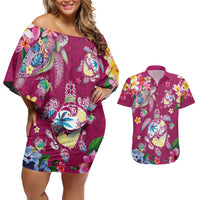 Hawaiian Turtles and Tropical Plants Couples Matching Off Shoulder Short Dress and Hawaiian Shirt Pink Watercolor