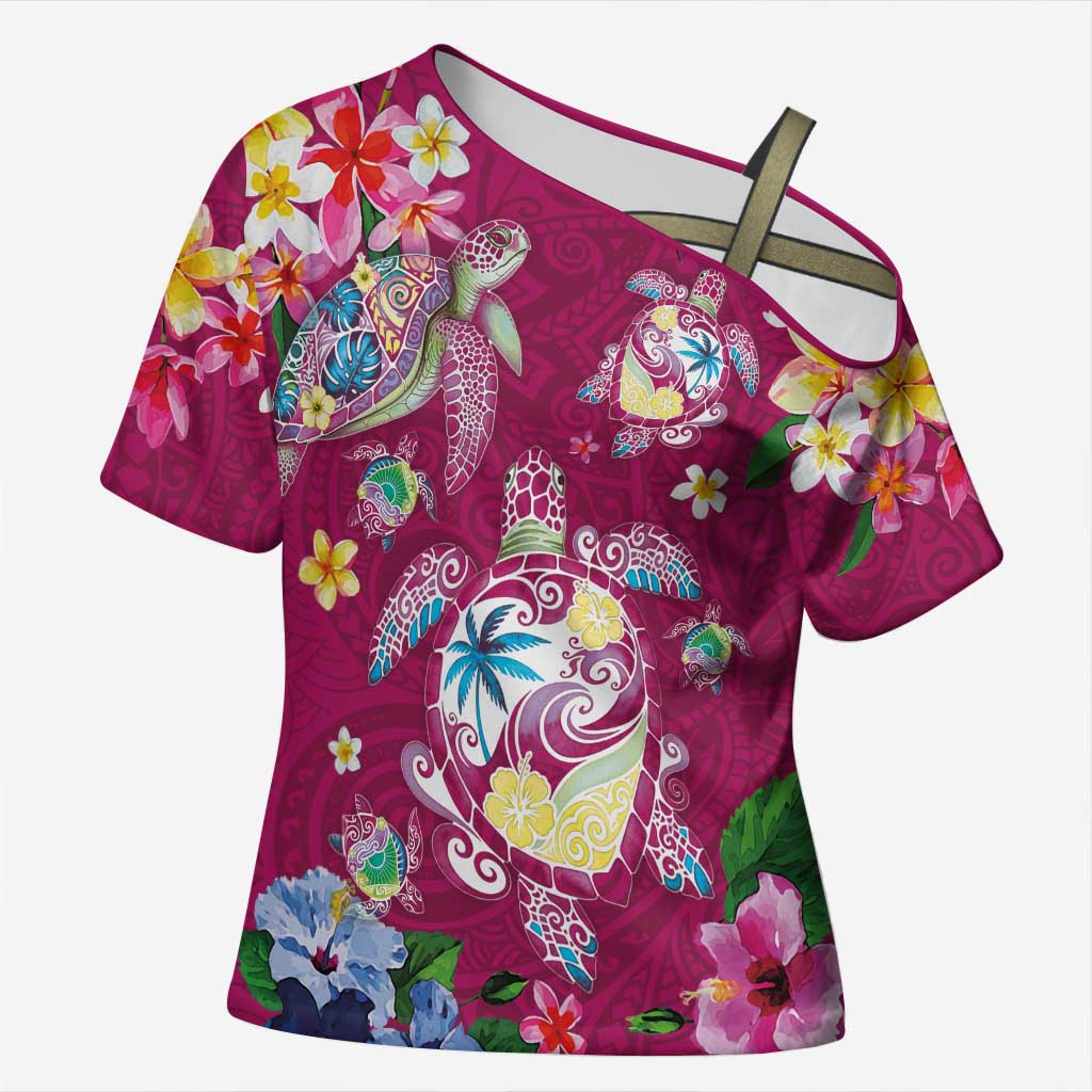 Hawaiian Turtles and Tropical Plants Cross Shoulder Shirt Pink Watercolor LT03 Female Pink - Polynesian Pride