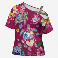 Hawaiian Turtles and Tropical Plants Cross Shoulder Shirt Pink Watercolor LT03 Female Pink - Polynesian Pride