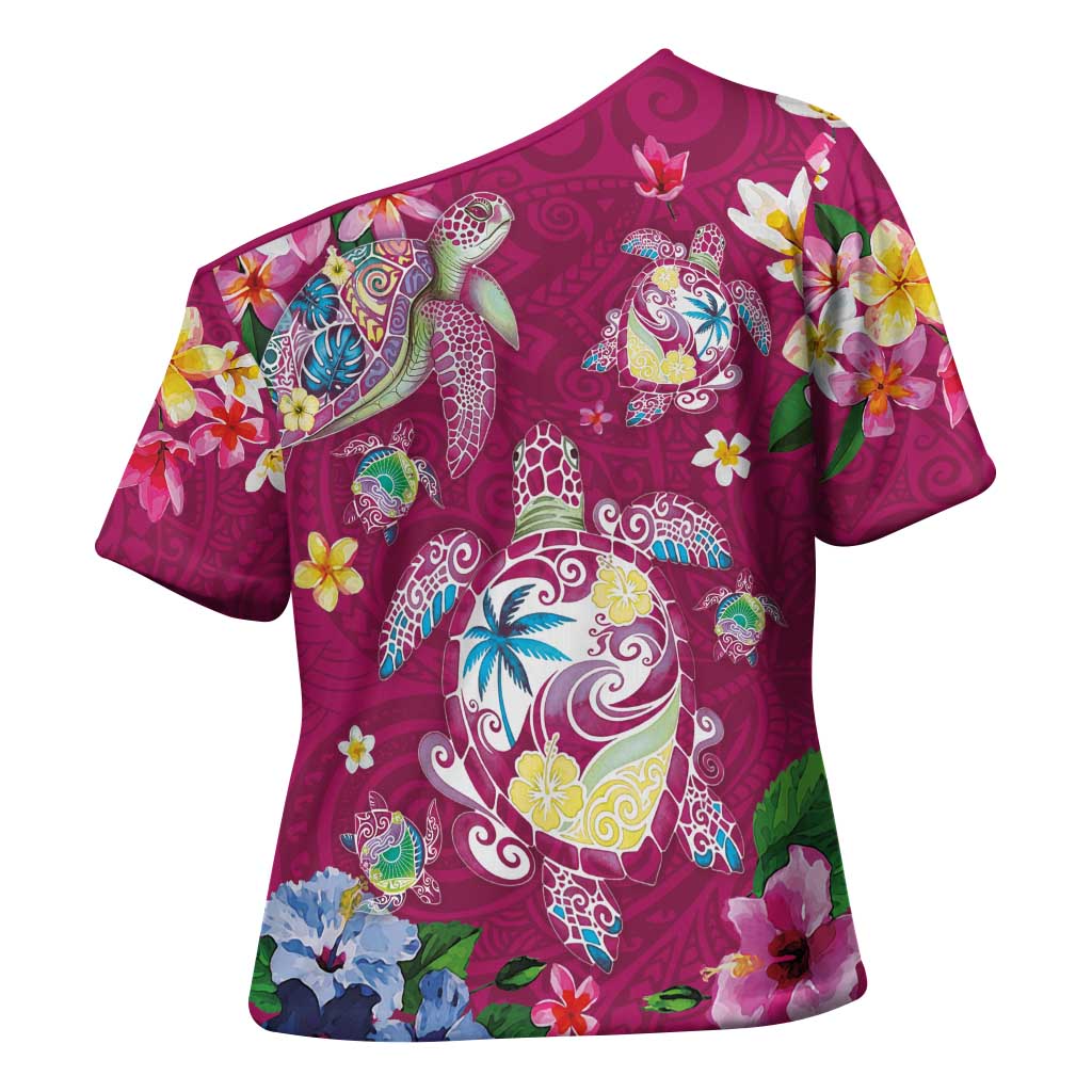 Hawaiian Turtles and Tropical Plants Cross Shoulder Shirt Pink Watercolor LT03 - Polynesian Pride