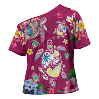 Hawaiian Turtles and Tropical Plants Cross Shoulder Shirt Pink Watercolor LT03 - Polynesian Pride