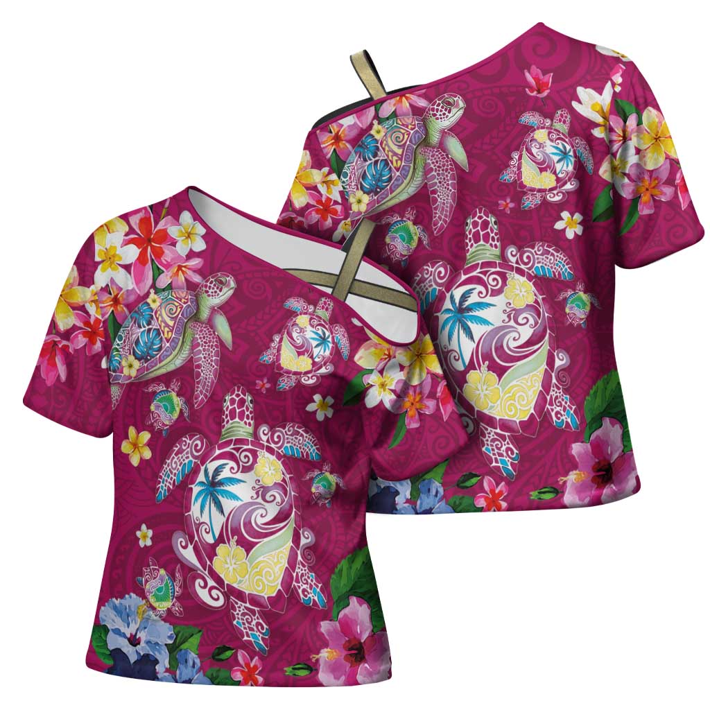 Hawaiian Turtles and Tropical Plants Cross Shoulder Shirt Pink Watercolor LT03 - Polynesian Pride