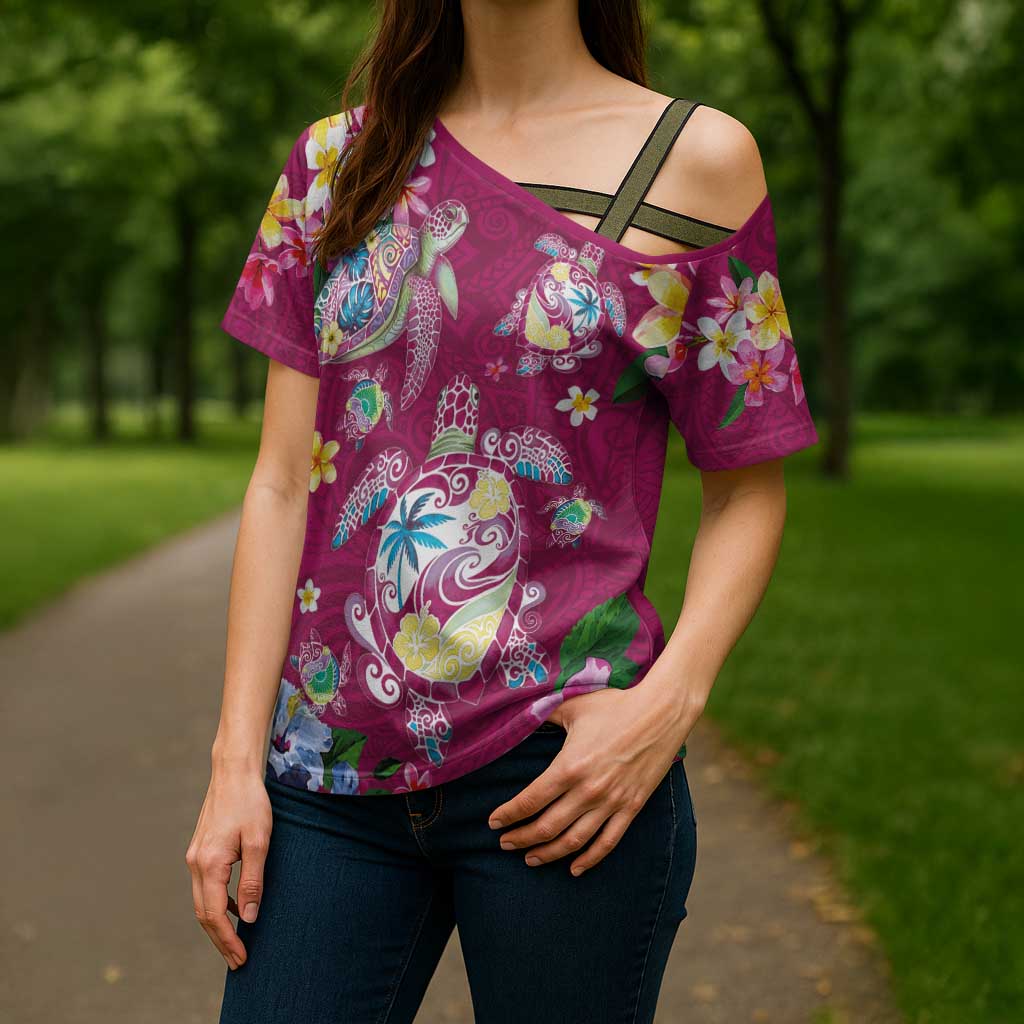 Hawaiian Turtles and Tropical Plants Cross Shoulder Shirt Pink Watercolor LT03 - Polynesian Pride