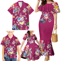 Hawaiian Turtles and Tropical Plants Family Matching Mermaid Dress and Hawaiian Shirt Pink Watercolor