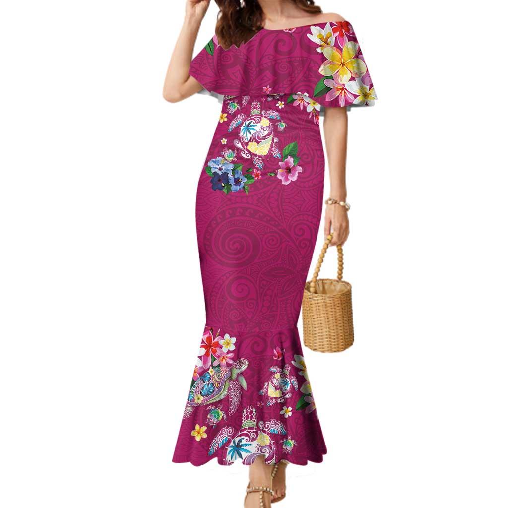 Hawaiian Turtles and Tropical Plants Family Matching Mermaid Dress and Hawaiian Shirt Pink Watercolor