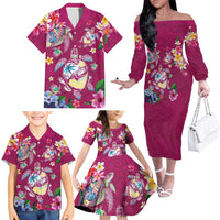Hawaiian Turtles and Tropical Plants Family Matching Off The Shoulder Long Sleeve Dress and Hawaiian Shirt Pink Watercolor