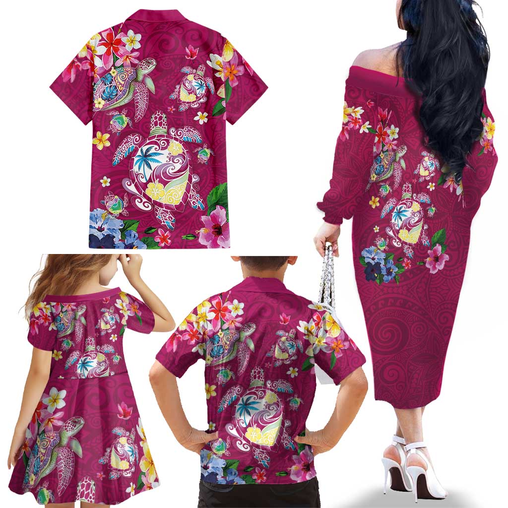 Hawaiian Turtles and Tropical Plants Family Matching Off The Shoulder Long Sleeve Dress and Hawaiian Shirt Pink Watercolor