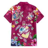 Hawaiian Turtles and Tropical Plants Family Matching Off The Shoulder Long Sleeve Dress and Hawaiian Shirt Pink Watercolor