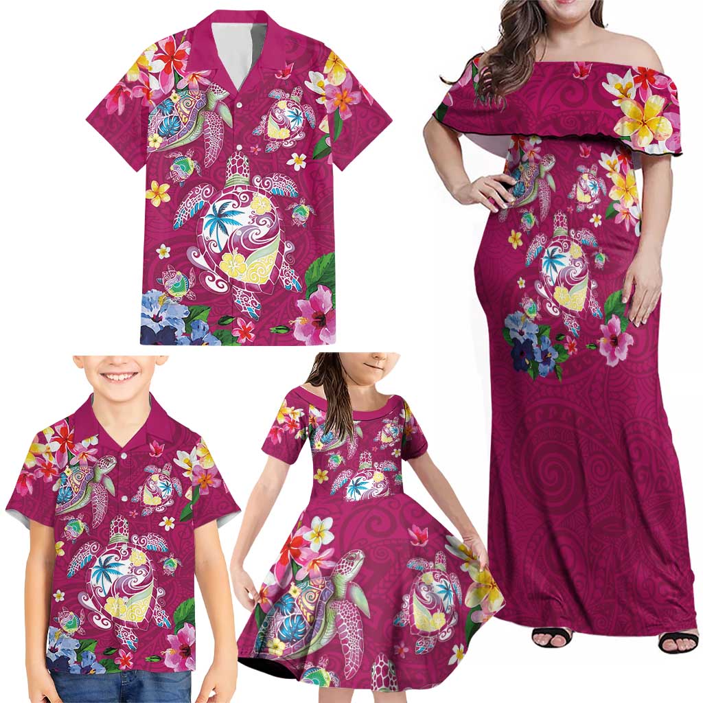 Hawaiian Turtles and Tropical Plants Family Matching Off Shoulder Maxi Dress and Hawaiian Shirt Pink Watercolor LT03 - Polynesian Pride