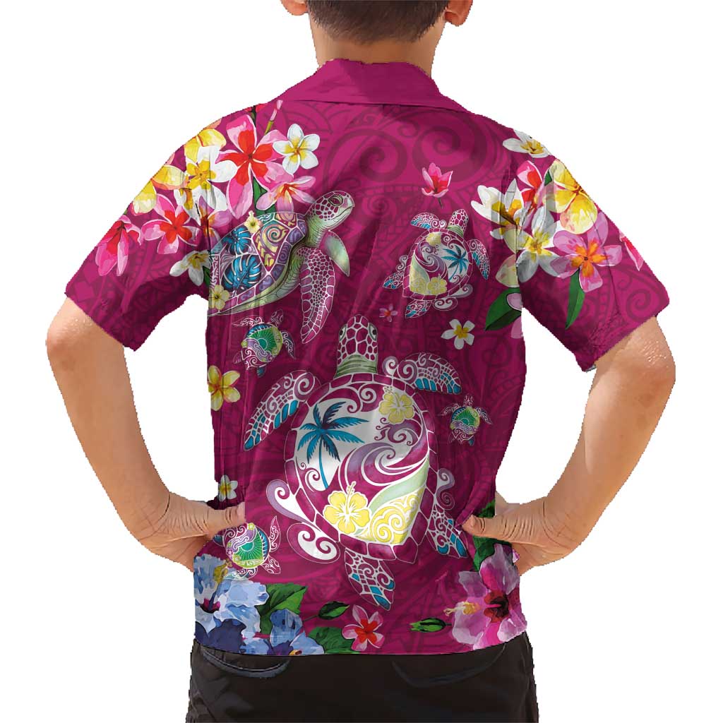 Hawaiian Turtles and Tropical Plants Family Matching Off Shoulder Short Dress and Hawaiian Shirt Pink Watercolor