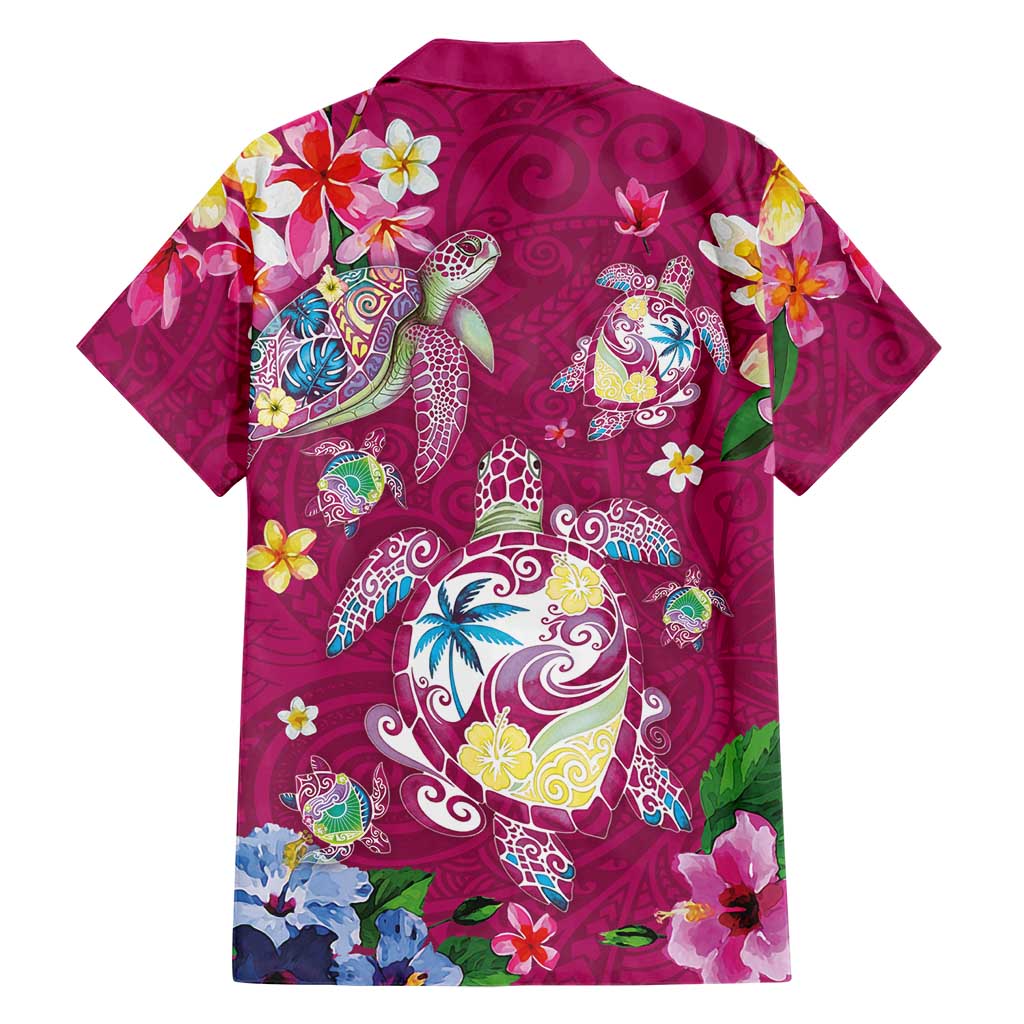 Hawaiian Turtles and Tropical Plants Family Matching Off Shoulder Short Dress and Hawaiian Shirt Pink Watercolor