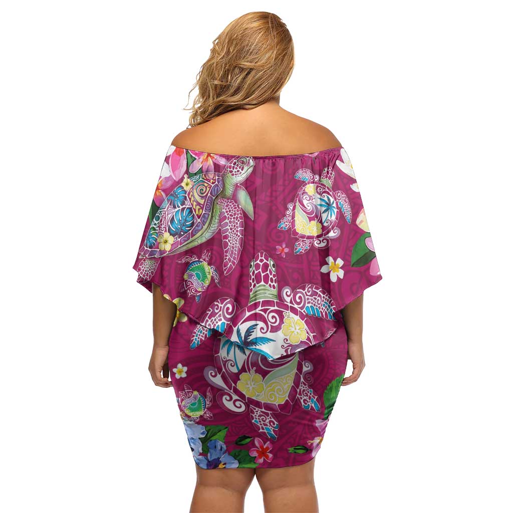 Hawaiian Turtles and Tropical Plants Family Matching Off Shoulder Short Dress and Hawaiian Shirt Pink Watercolor